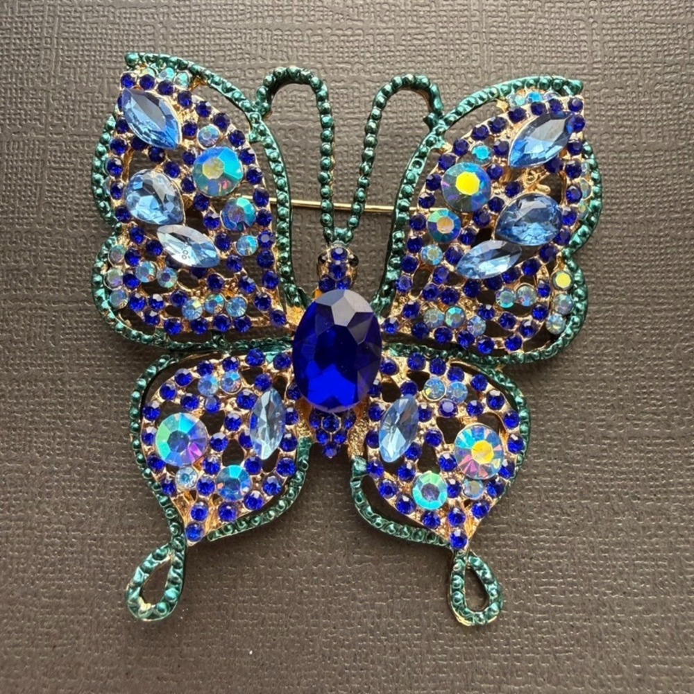 Cobalt Blue Sapphire Rhinestone Butterfly Brooch Marquise Crystal Statement Pin